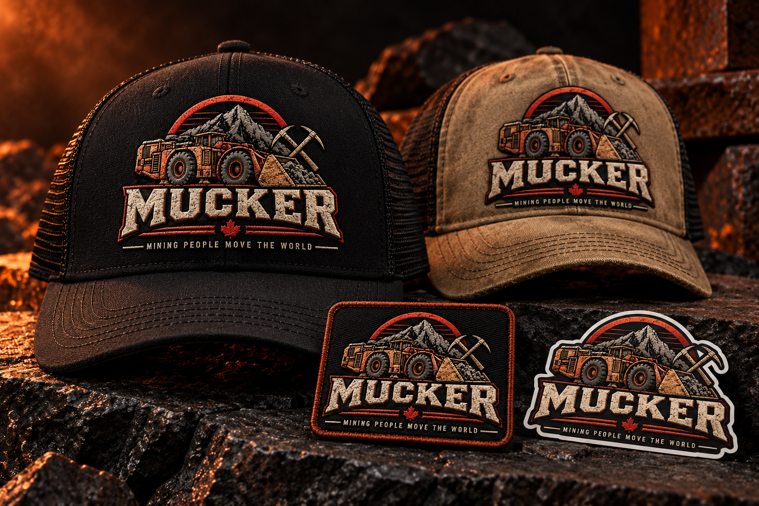 Black and tan MUCKER caps with an embroidered patch and die-cut sticker