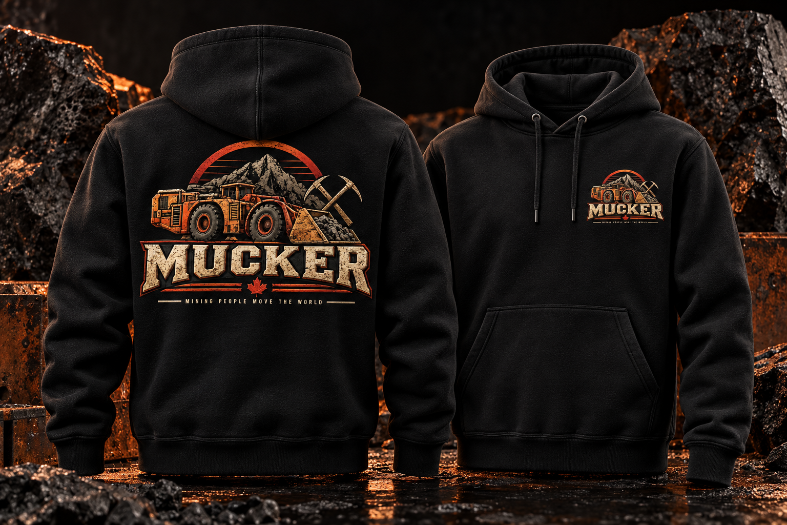 Black heavyweight MUCKER hoodies shown from the front and back