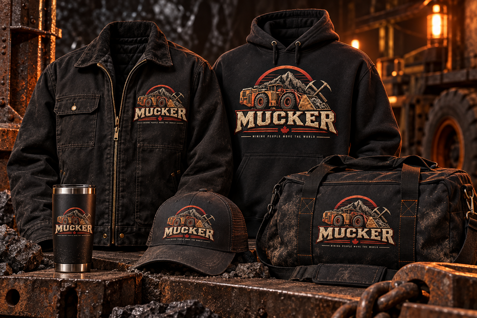 Coordinated MUCKER mine crew collection with jacket, hoodie, cap, duffel and thermal mug