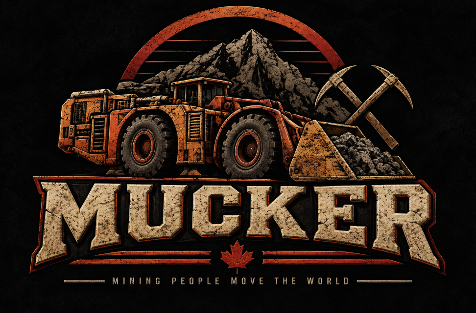 Official MUCKER logo featuring an underground loader, mountain and crossed mining picks