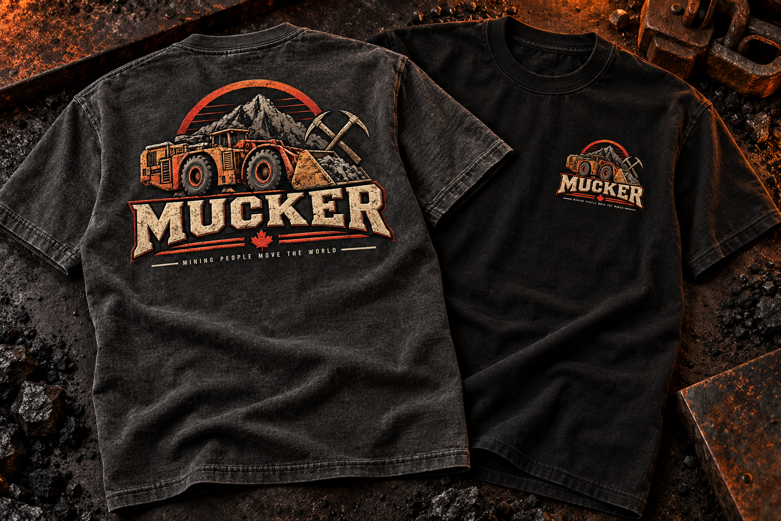 Faded charcoal and black MUCKER heavyweight mining T-shirts